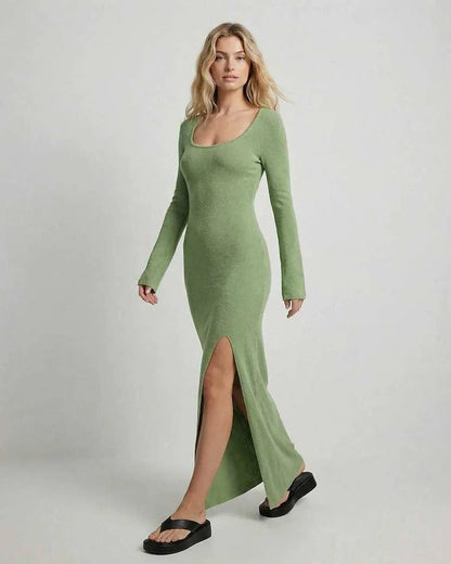 Green Cotton Bodycon Round Neck Long Sleeve Maxi Dress | Formal Occasions & Casual Outings, front view | Ramblion | SKU: VMD-483927165-green-L-1825,VMD-483927165-green-M-2492,VMD-483927165-green-S-2165,VMD-483927165-green-XL-6870,VMD-483927165-green-XS-4892