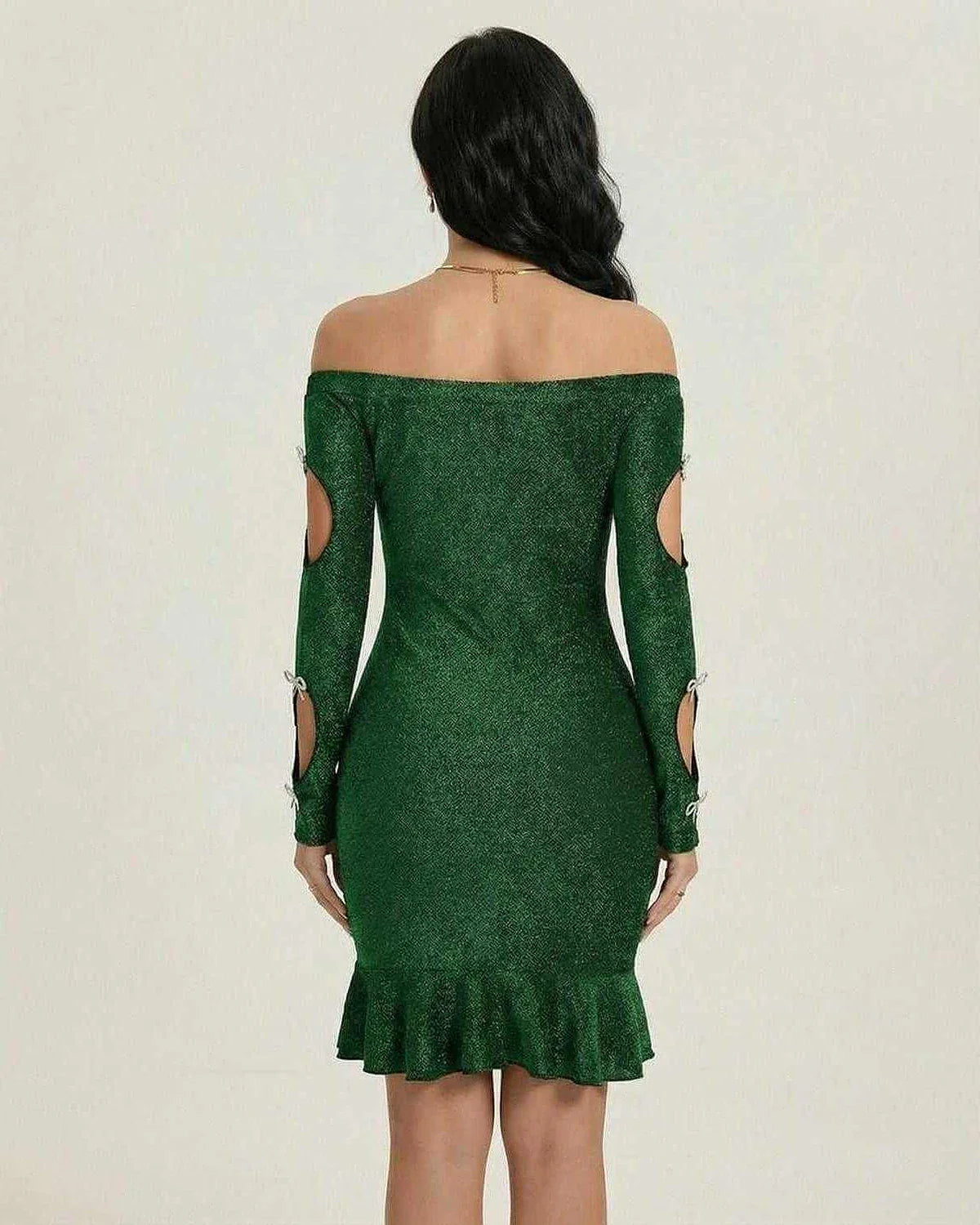 Green Cotton Bodycon Round Neck Long Sleeve Mini Dress | Evening Events, Evening Parties & Day-to-Night, back view | Ramblion | SKU: EMD-39274-green-L-155,EMD-39274-green-M-8971,EMD-39274-green-S-1595,EMD-39274-green-XL-5699,EMD-39274-green-XS-8246