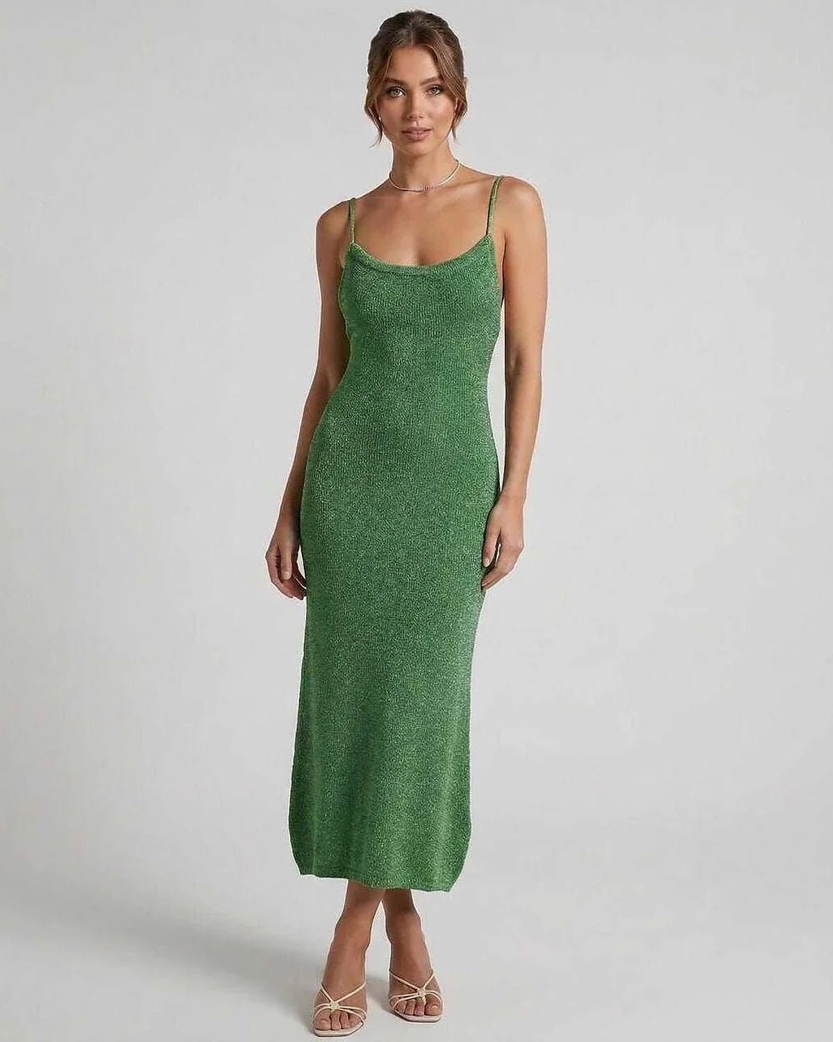 Green Cotton Bodycon Round Neck Sleeveless Midi Dress | Gala Nights, Party Nights, Day-to-Night & Casual Wear, front view | R | SKU: VMD-742195683-green-L-4596,VMD-742195683-green-M-8710,VMD-742195683-green-S-9109,VMD-742195683-green-XL-9543,VMD-742195683-green-XS-3658