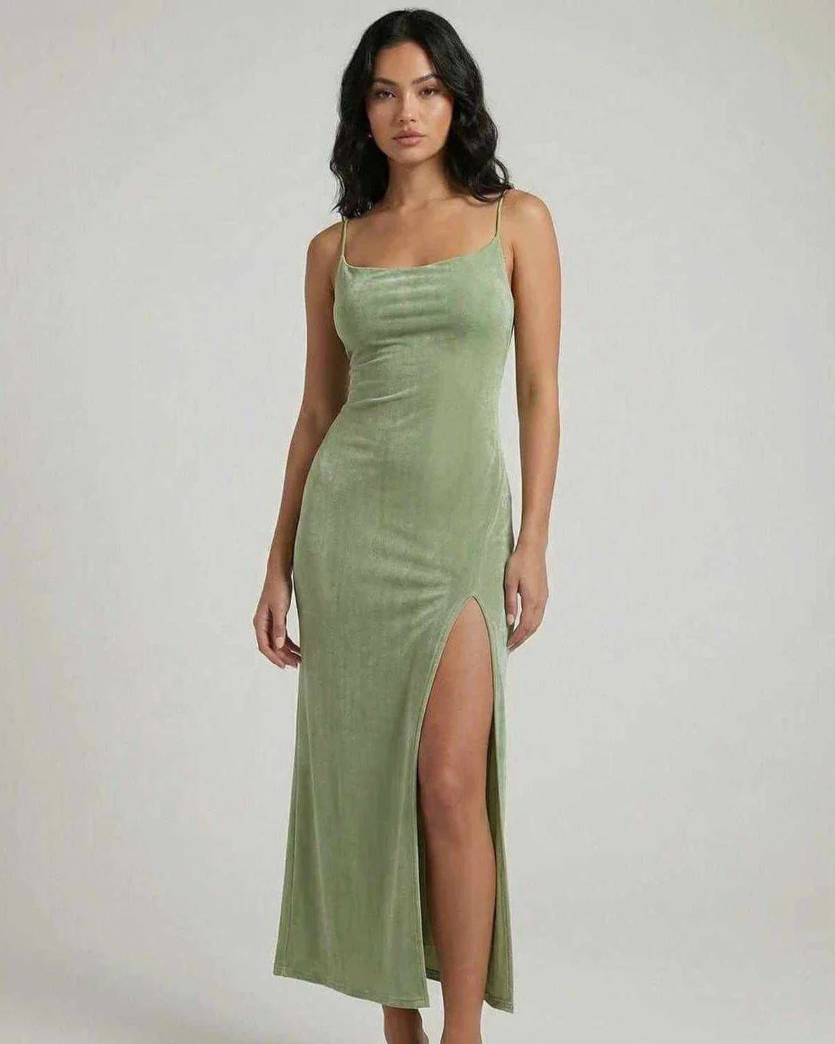 Green Gown Square Neck Sleeveless Midi Dress | Bridal Showers, front view | Ramblion | SKU: AMD-58421-green-L-6300,AMD-58421-green-M-6237,AMD-58421-green-S-5668,AMD-58421-green-XL-5284,AMD-58421-green-XS-1291