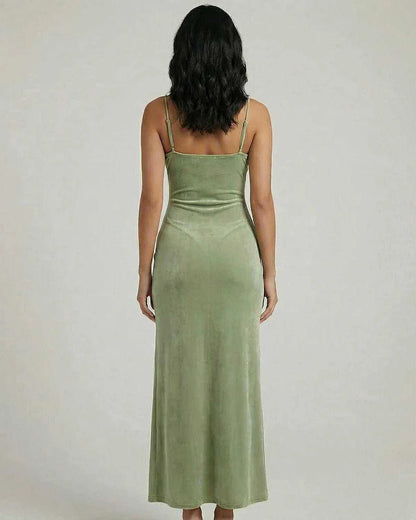 Green Gown Square Neck Sleeveless Midi Dress | Bridal Showers, back view | Ramblion | SKU: AMD-58421-green-L-6300,AMD-58421-green-M-6237,AMD-58421-green-S-5668,AMD-58421-green-XL-5284,AMD-58421-green-XS-1291