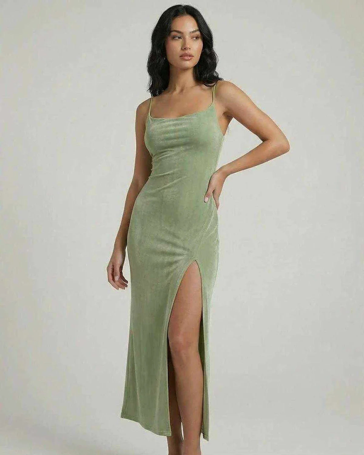 Green Gown Square Neck Sleeveless Midi Dress | Bridal Showers, front view | Ramblion | SKU: AMD-58421-green-L-6300,AMD-58421-green-M-6237,AMD-58421-green-S-5668,AMD-58421-green-XL-5284,AMD-58421-green-XS-1291
