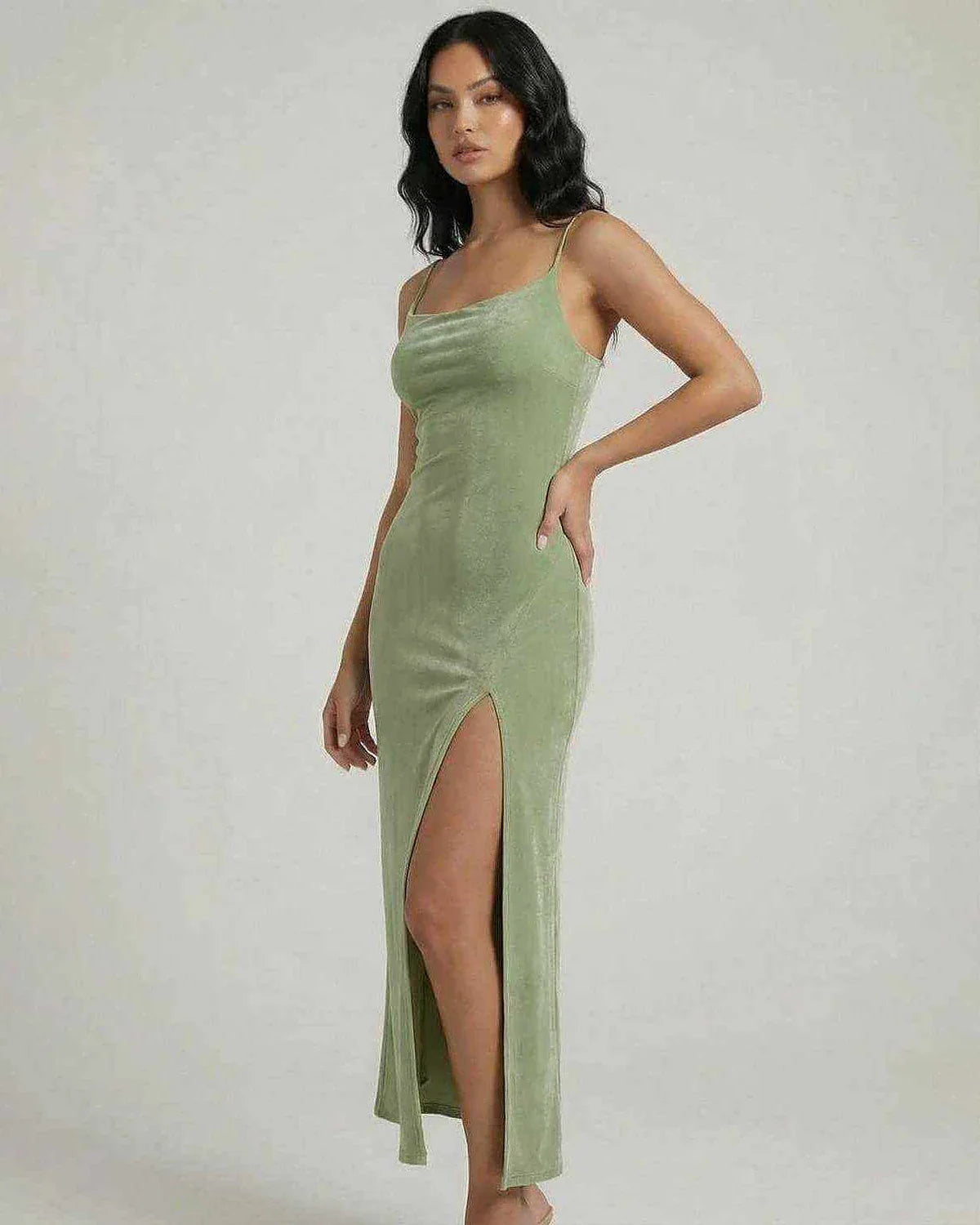 Green Gown Square Neck Sleeveless Midi Dress | Bridal Showers, side view | Ramblion | SKU: AMD-58421-green-L-6300,AMD-58421-green-M-6237,AMD-58421-green-S-5668,AMD-58421-green-XL-5284,AMD-58421-green-XS-1291