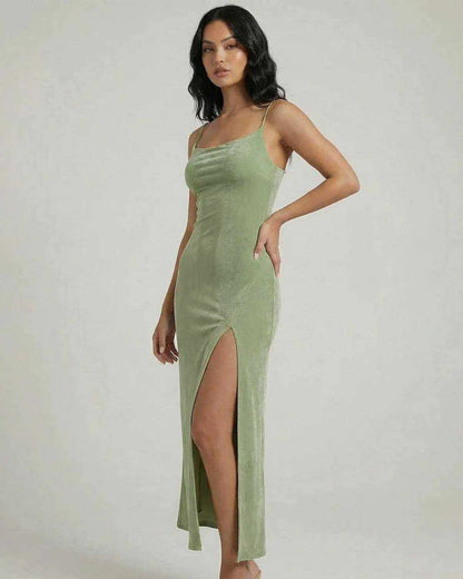 Green Gown Square Neck Sleeveless Midi Dress | Bridal Showers, side view | Ramblion | SKU: AMD-58421-green-L-6300,AMD-58421-green-M-6237,AMD-58421-green-S-5668,AMD-58421-green-XL-5284,AMD-58421-green-XS-1291