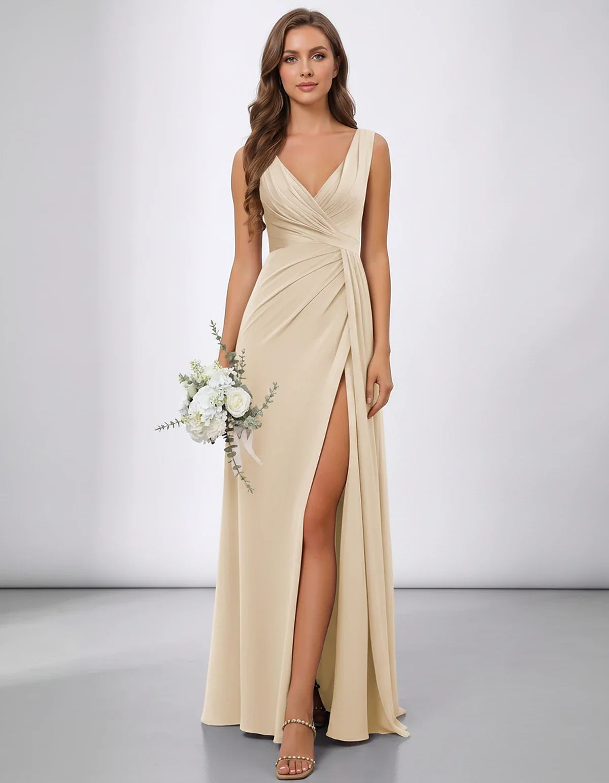 Green,navy,blue,red,fuchsia,purple,beige,pink,black,orange,lilac,white Satin Mermaid V-Neck Spaghetti Strap Maxi Dress | Prom | SKU: SM-784512963407821-BEIGE-L,SM-784512963407821-BEIGE-M,SM-784512963407821-BEIGE-S,SM-784512963407821-BEIGE-XL,SM-784512963407821-BEIGE-XS