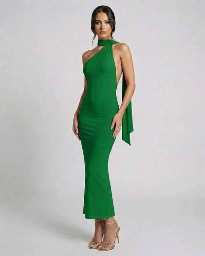 Green Satin Bodycon Halter Sleeveless Maxi Dress | Black-Tie Events, Night Out & Day-to-Night, front view | Ramblion | SKU: IMD-347819265-green-L-4601,IMD-347819265-green-M-6554,IMD-347819265-green-S-4439,IMD-347819265-green-XL-7026,IMD-347819265-green-XS-9857