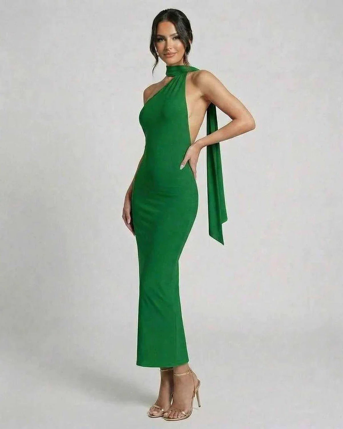 Green Satin Bodycon Halter Sleeveless Maxi Dress | Black-Tie Events, Night Out & Day-to-Night, side view | Ramblion | SKU: IMD-347819265-green-L-4601,IMD-347819265-green-M-6554,IMD-347819265-green-S-4439,IMD-347819265-green-XL-7026,IMD-347819265-green-XS-9857