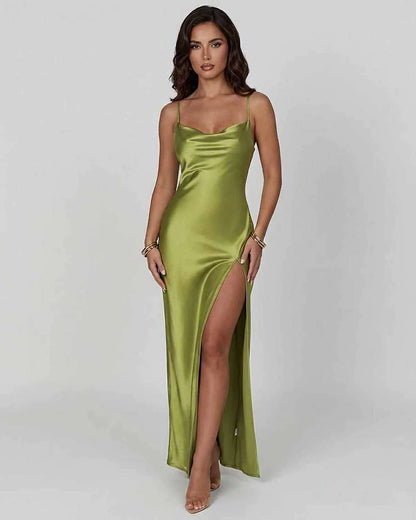 Green Satin Gown V-Neck Sleeveless Maxi Dress | Formal Events & Cocktail Hour, front view | Ramblion | SKU: VMD-458729613-green-L-6732,VMD-458729613-green-M-1751,VMD-458729613-green-S-3484,VMD-458729613-green-XL-7870,VMD-458729613-green-XS-1857