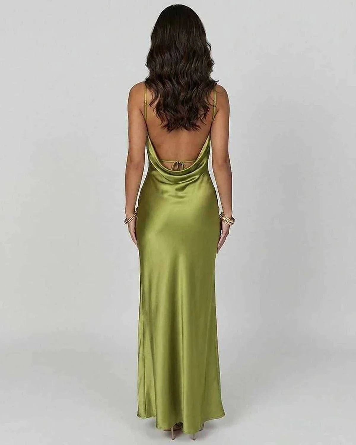 Green Satin Gown V-Neck Sleeveless Maxi Dress | Formal Events & Cocktail Hour, back view | Ramblion | SKU: VMD-458729613-green-L-6732,VMD-458729613-green-M-1751,VMD-458729613-green-S-3484,VMD-458729613-green-XL-7870,VMD-458729613-green-XS-1857