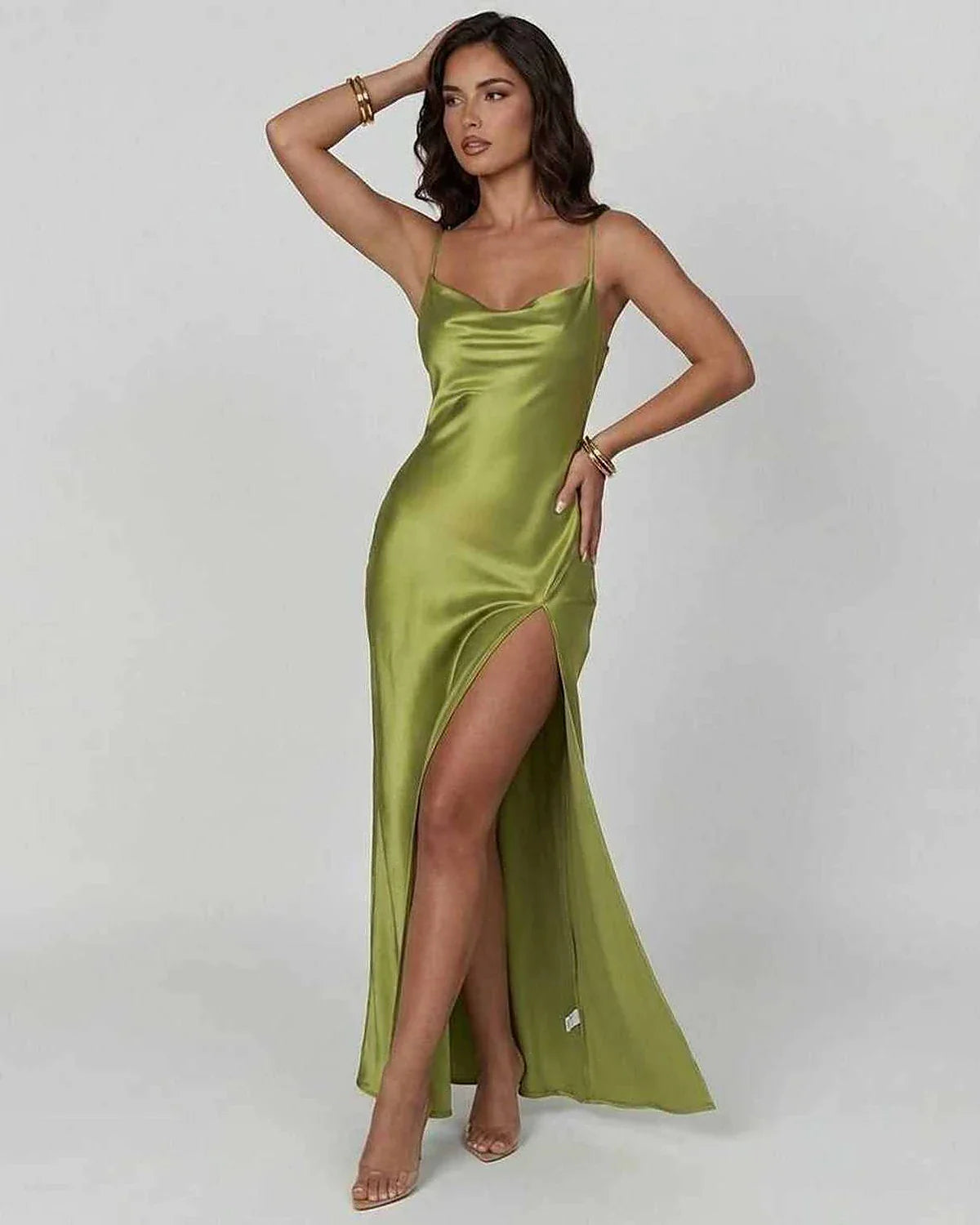 Green Satin Gown V-Neck Sleeveless Maxi Dress | Formal Events & Cocktail Hour, front view | Ramblion | SKU: VMD-458729613-green-L-6732,VMD-458729613-green-M-1751,VMD-458729613-green-S-3484,VMD-458729613-green-XL-7870,VMD-458729613-green-XS-1857