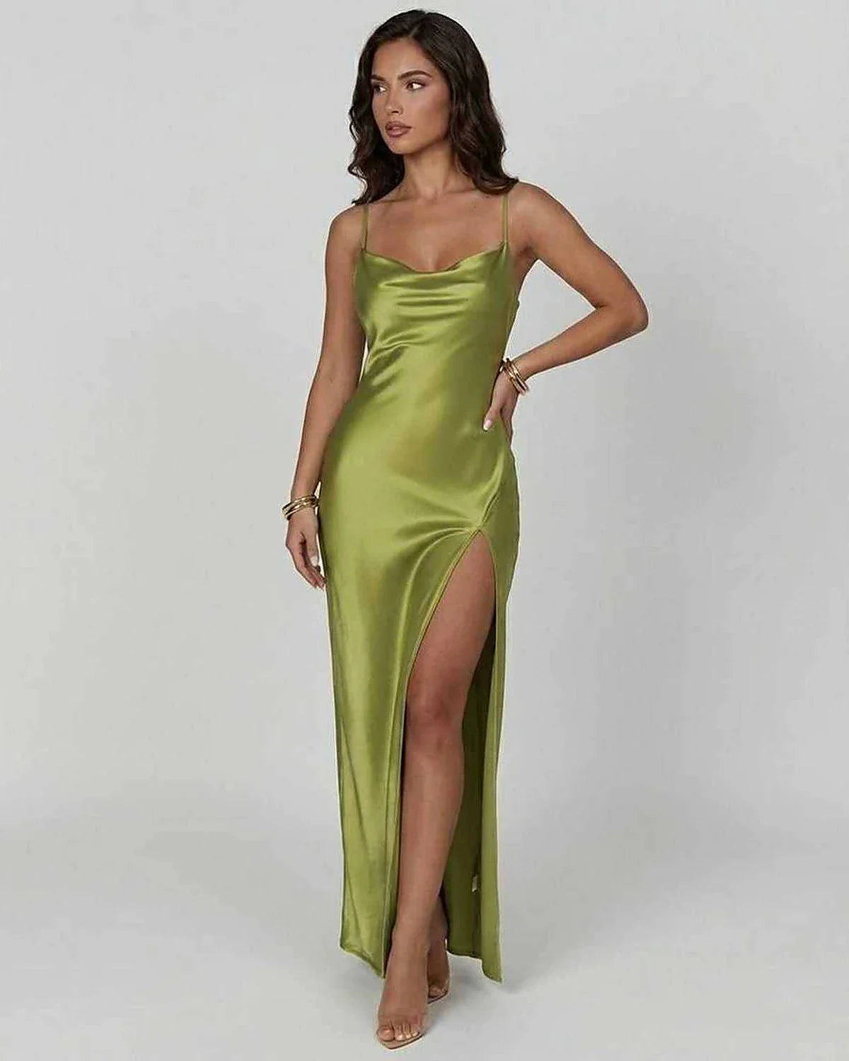 Green Satin Gown V-Neck Sleeveless Maxi Dress | Formal Events & Cocktail Hour, front view | Ramblion | SKU: VMD-458729613-green-L-6732,VMD-458729613-green-M-1751,VMD-458729613-green-S-3484,VMD-458729613-green-XL-7870,VMD-458729613-green-XS-1857