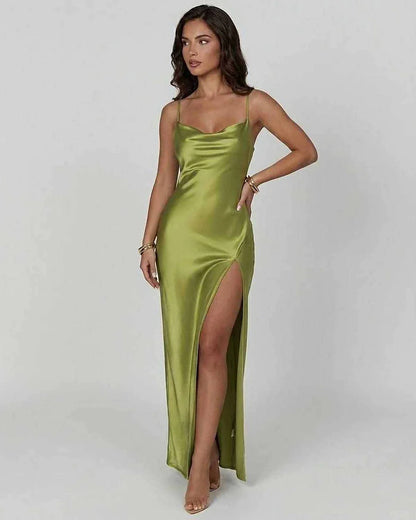 Green Satin Gown V-Neck Sleeveless Maxi Dress | Formal Events & Cocktail Hour, front view | Ramblion | SKU: VMD-458729613-green-L-6732,VMD-458729613-green-M-1751,VMD-458729613-green-S-3484,VMD-458729613-green-XL-7870,VMD-458729613-green-XS-1857