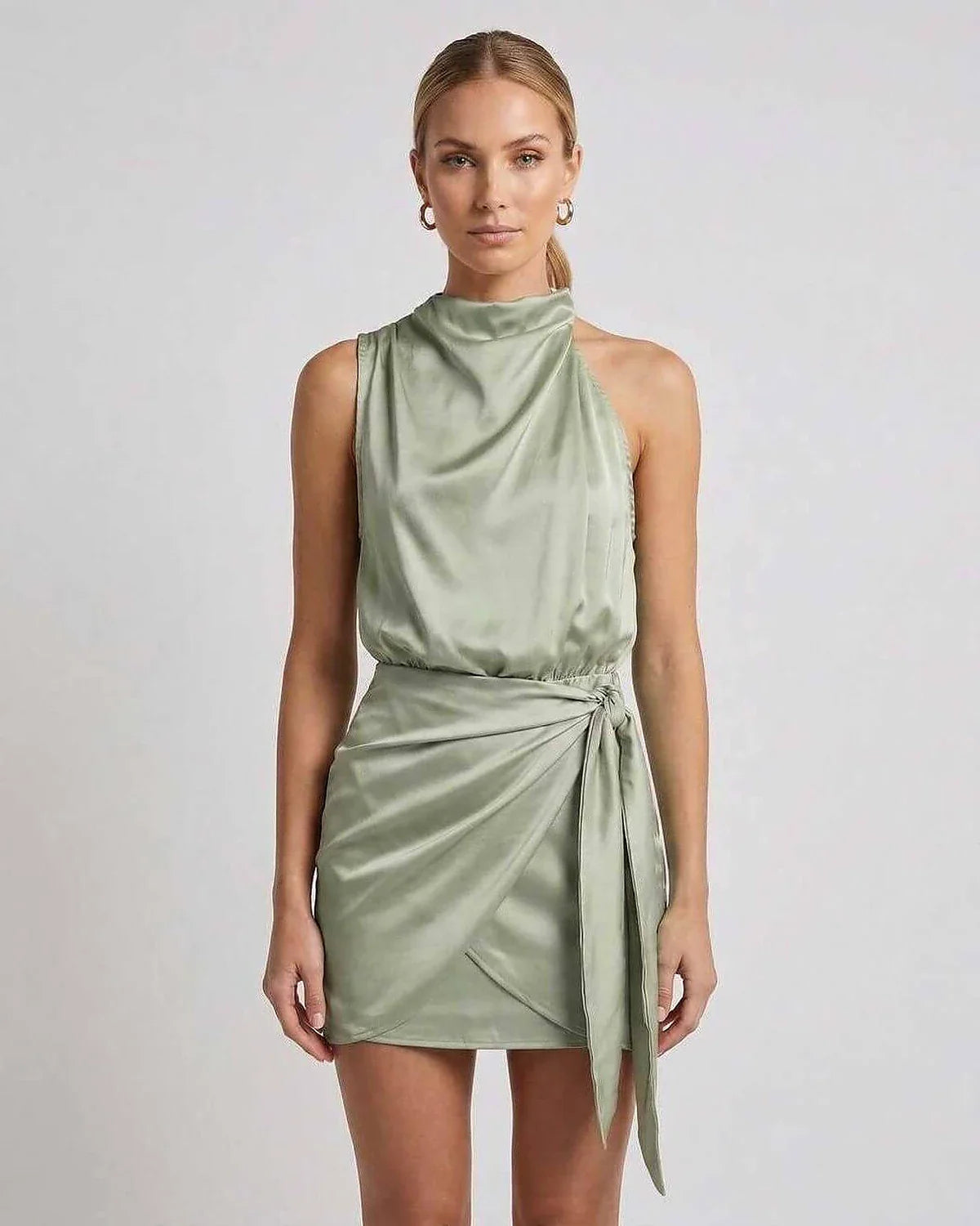 Green Satin Sheath Cowl Neck Sleeveless Mini Dress | Gala Nights, Wedding Guest, Daily Wear & Brunch, front view | Ramblion | SKU: SMD-529174638-green-L-7752,SMD-529174638-green-M-6032,SMD-529174638-green-S-9041,SMD-529174638-green-XL-9371,SMD-529174638-green-XS-1977