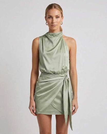 Green Satin Sheath Cowl Neck Sleeveless Mini Dress | Gala Nights, Wedding Guest, Daily Wear & Brunch, front view | Ramblion | SKU: SMD-529174638-green-L-7752,SMD-529174638-green-M-6032,SMD-529174638-green-S-9041,SMD-529174638-green-XL-9371,SMD-529174638-green-XS-1977