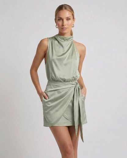 Green Satin Sheath Cowl Neck Sleeveless Mini Dress | Gala Nights, Wedding Guest, Daily Wear & Brunch, front view | Ramblion | SKU: SMD-529174638-green-L-7752,SMD-529174638-green-M-6032,SMD-529174638-green-S-9041,SMD-529174638-green-XL-9371,SMD-529174638-green-XS-1977