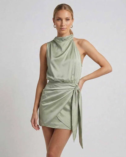 Green Satin Sheath Cowl Neck Sleeveless Mini Dress | Gala Nights, Wedding Guest, Daily Wear & Brunch, front view | Ramblion | SKU: SMD-529174638-green-L-7752,SMD-529174638-green-M-6032,SMD-529174638-green-S-9041,SMD-529174638-green-XL-9371,SMD-529174638-green-XS-1977