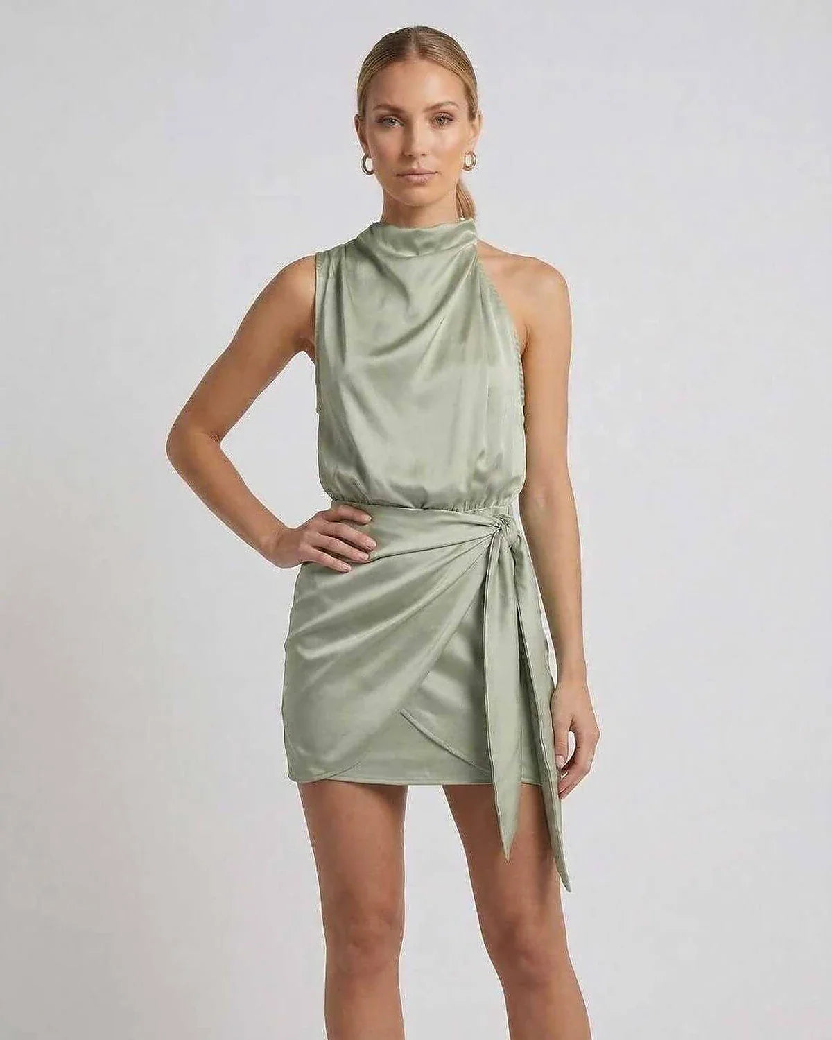 Green Satin Sheath Cowl Neck Sleeveless Mini Dress | Gala Nights, Wedding Guest, Daily Wear & Brunch, front view | Ramblion | SKU: SMD-529174638-green-L-7752,SMD-529174638-green-M-6032,SMD-529174638-green-S-9041,SMD-529174638-green-XL-9371,SMD-529174638-green-XS-1977