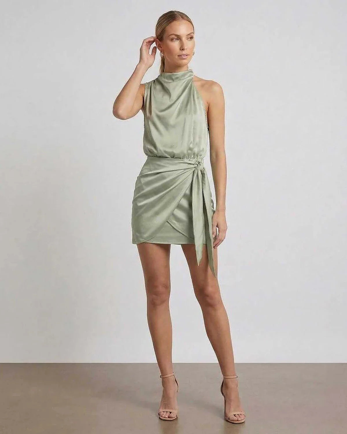 Green Satin Sheath Cowl Neck Sleeveless Mini Dress | Gala Nights, Wedding Guest, Daily Wear & Brunch, front view | Ramblion | SKU: SMD-529174638-green-L-7752,SMD-529174638-green-M-6032,SMD-529174638-green-S-9041,SMD-529174638-green-XL-9371,SMD-529174638-green-XS-1977