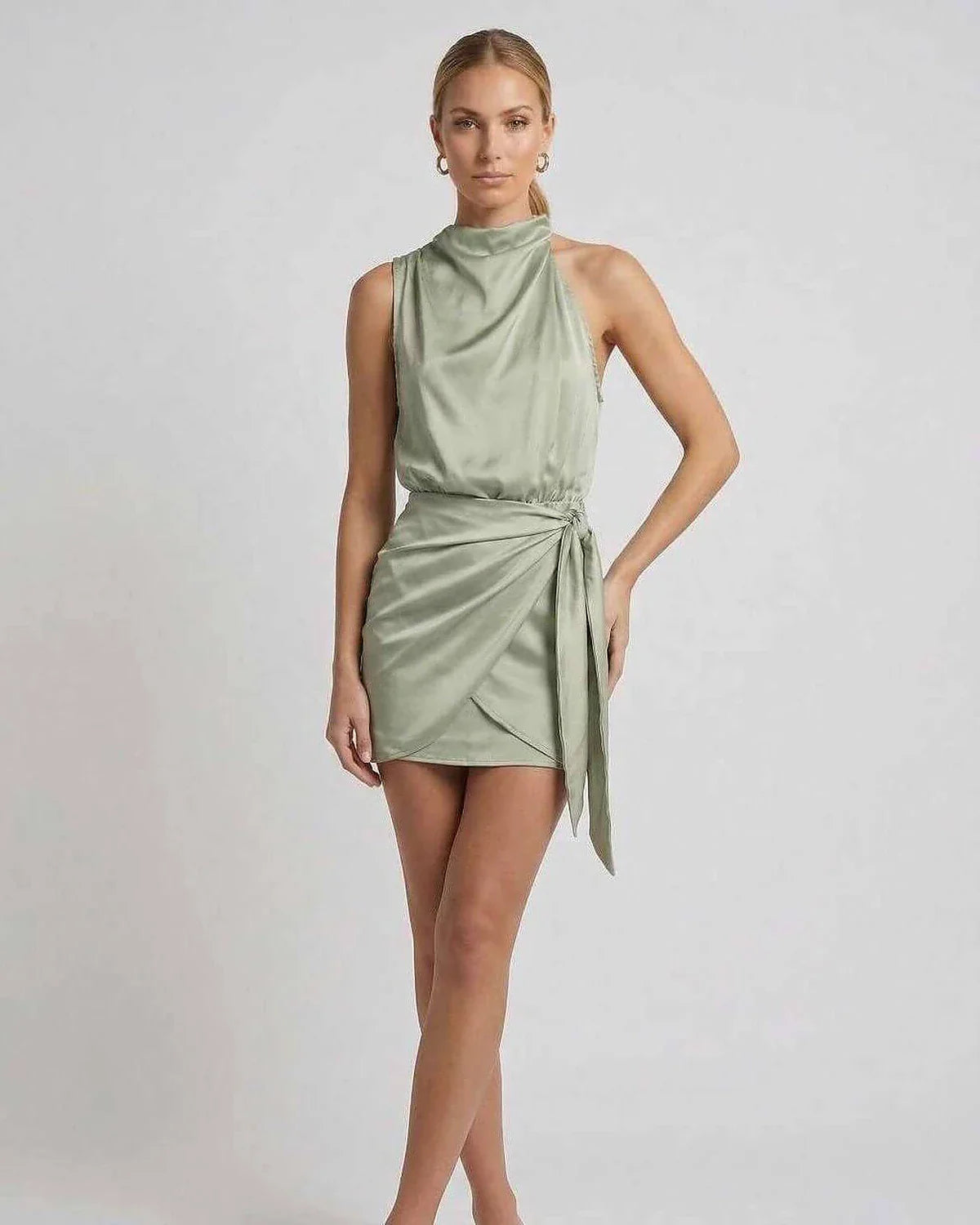 Green Satin Sheath Cowl Neck Sleeveless Mini Dress | Gala Nights, Wedding Guest, Daily Wear & Brunch, front view | Ramblion | SKU: SMD-529174638-green-L-7752,SMD-529174638-green-M-6032,SMD-529174638-green-S-9041,SMD-529174638-green-XL-9371,SMD-529174638-green-XS-1977
