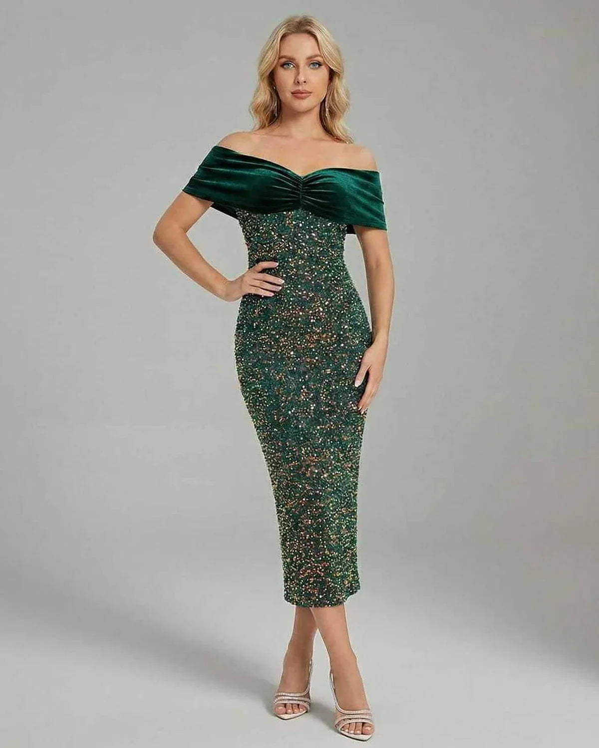 Green Velvet Bodycon Bardot Neck Sleeveless Midi Dress | Gala Nights & Celebrations, front view | Ramblion | SKU: CMD-983475612-green-L-4922,CMD-983475612-green-M-2646,CMD-983475612-green-S-8302,CMD-983475612-green-XL-7325,CMD-983475612-green-XS-5940