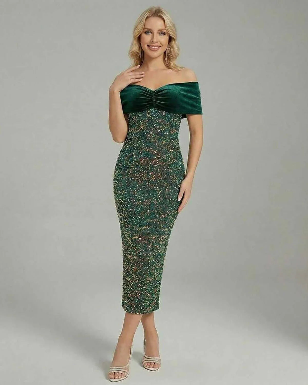 Green Velvet Bodycon Bardot Neck Sleeveless Midi Dress | Gala Nights & Celebrations, front view | Ramblion | SKU: CMD-983475612-green-L-4922,CMD-983475612-green-M-2646,CMD-983475612-green-S-8302,CMD-983475612-green-XL-7325,CMD-983475612-green-XS-5940