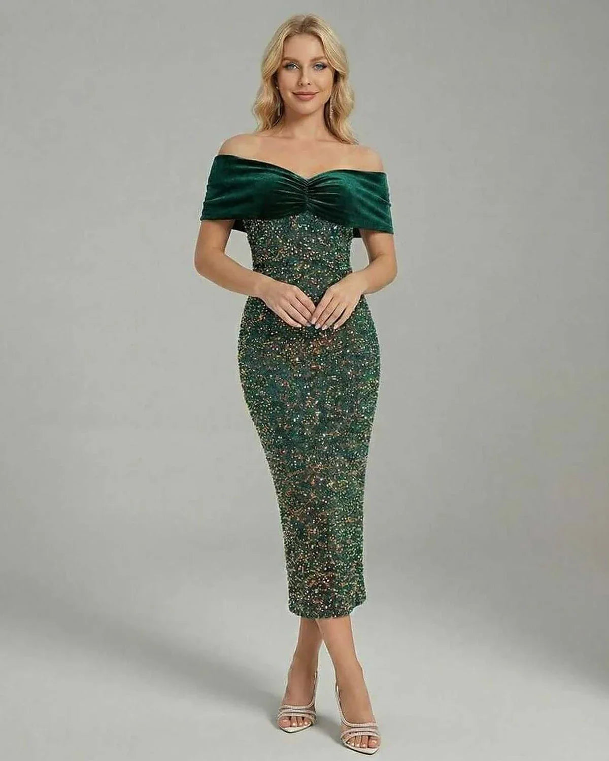 Green Velvet Bodycon Bardot Neck Sleeveless Midi Dress | Gala Nights & Celebrations, front view | Ramblion | SKU: CMD-983475612-green-L-4922,CMD-983475612-green-M-2646,CMD-983475612-green-S-8302,CMD-983475612-green-XL-7325,CMD-983475612-green-XS-5940