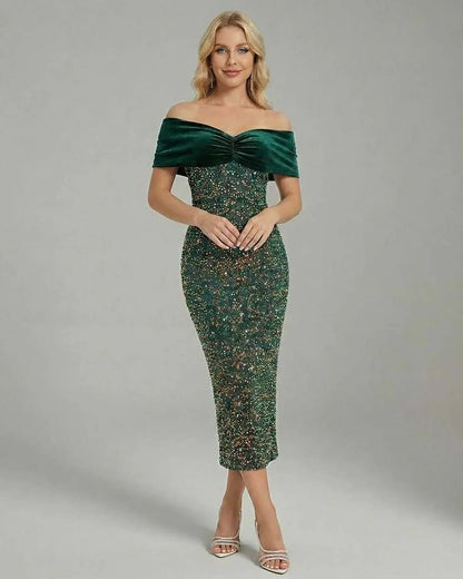 Green Velvet Bodycon Bardot Neck Sleeveless Midi Dress | Gala Nights & Celebrations, front view | Ramblion | SKU: CMD-983475612-green-L-4922,CMD-983475612-green-M-2646,CMD-983475612-green-S-8302,CMD-983475612-green-XL-7325,CMD-983475612-green-XS-5940