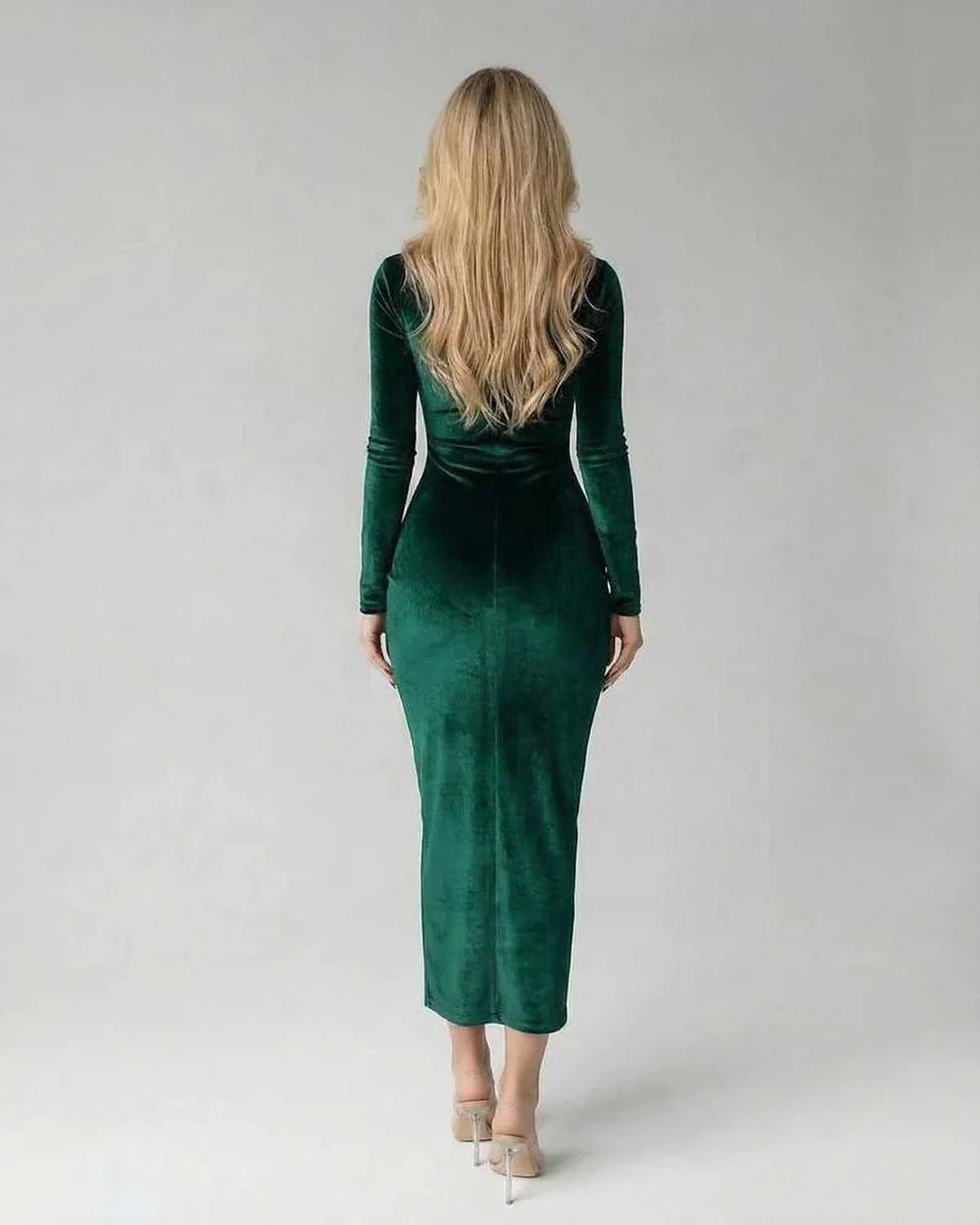 Green Velvet Bodycon Round Neck Long Sleeve Midi Dress | Prom, Cocktail Parties, Guest of Wedding & Casual Outings, back view | SKU: EMD-583920471-green-L-4329,EMD-583920471-green-M-6402,EMD-583920471-green-S-6288,EMD-583920471-green-XL-8132,EMD-583920471-green-XS-5910