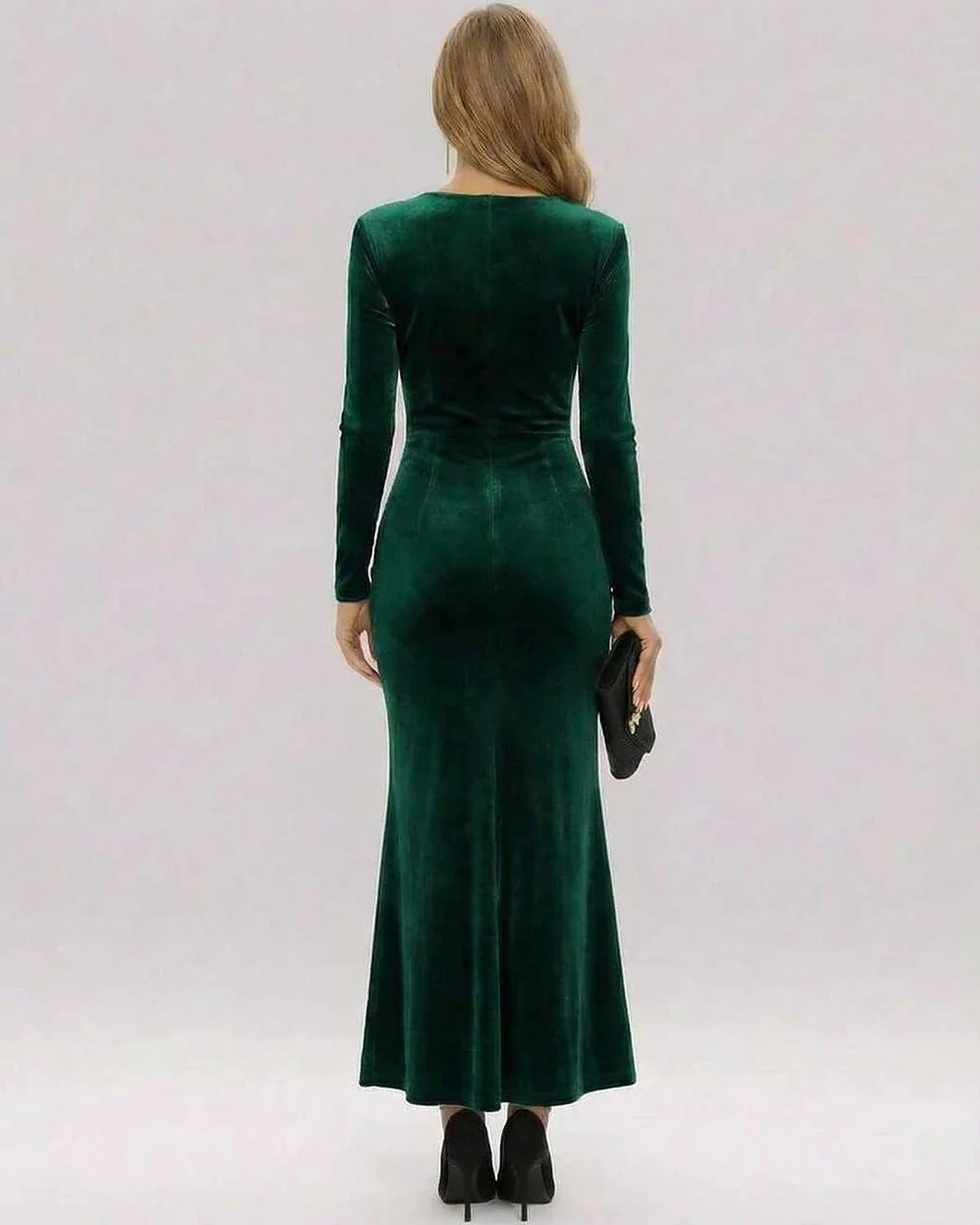 Green Velvet Bodycon V-Neck Long Sleeve Maxi Dress | Gala Nights, Cocktail Hour & Wedding Guest, back view | Ramblion | SKU: SMD-738291645-green-L-7443,SMD-738291645-green-M-1439,SMD-738291645-green-S-7588,SMD-738291645-green-XL-7337,SMD-738291645-green-XS-6775