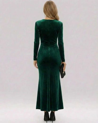 Green Velvet Bodycon V-Neck Long Sleeve Maxi Dress | Gala Nights, Cocktail Hour & Wedding Guest, back view | Ramblion | SKU: SMD-738291645-green-L-7443,SMD-738291645-green-M-1439,SMD-738291645-green-S-7588,SMD-738291645-green-XL-7337,SMD-738291645-green-XS-6775