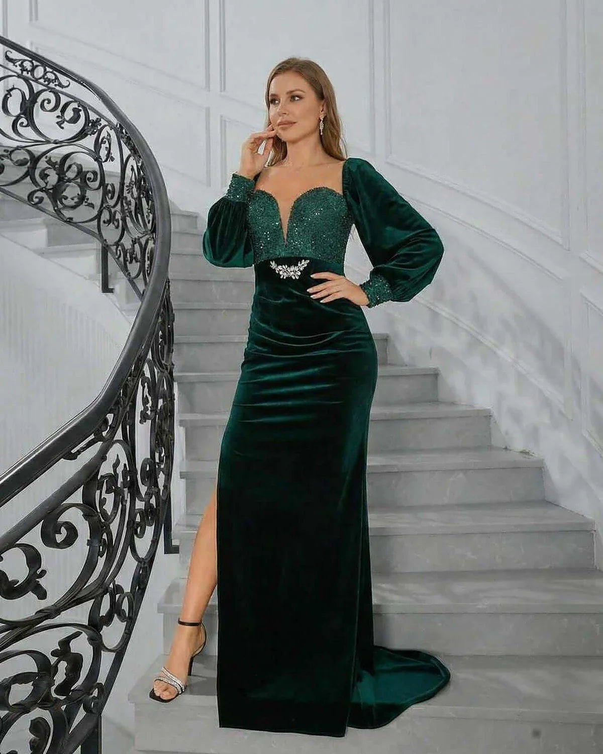 Green Velvet Gown Square Neck Short Sleeve Maxi Dress | Evening Events & Cocktail Parties, lifestyle shot | Ramblion | SKU: CMD-385792104-green-L-3542,CMD-385792104-green-M-4525,CMD-385792104-green-S-6423,CMD-385792104-green-XL-7374,CMD-385792104-green-XS-7940