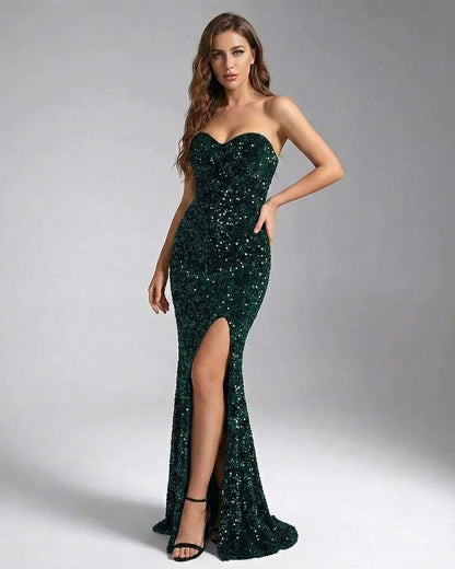 Green Velvet Gown Strapless Maxi Dress | Gala Nights & Celebrations, front view | Ramblion | SKU: EMD-618375492-green-L-9340,EMD-618375492-green-M-2094,EMD-618375492-green-S-6349,EMD-618375492-green-XL-8396,EMD-618375492-green-XS-3648