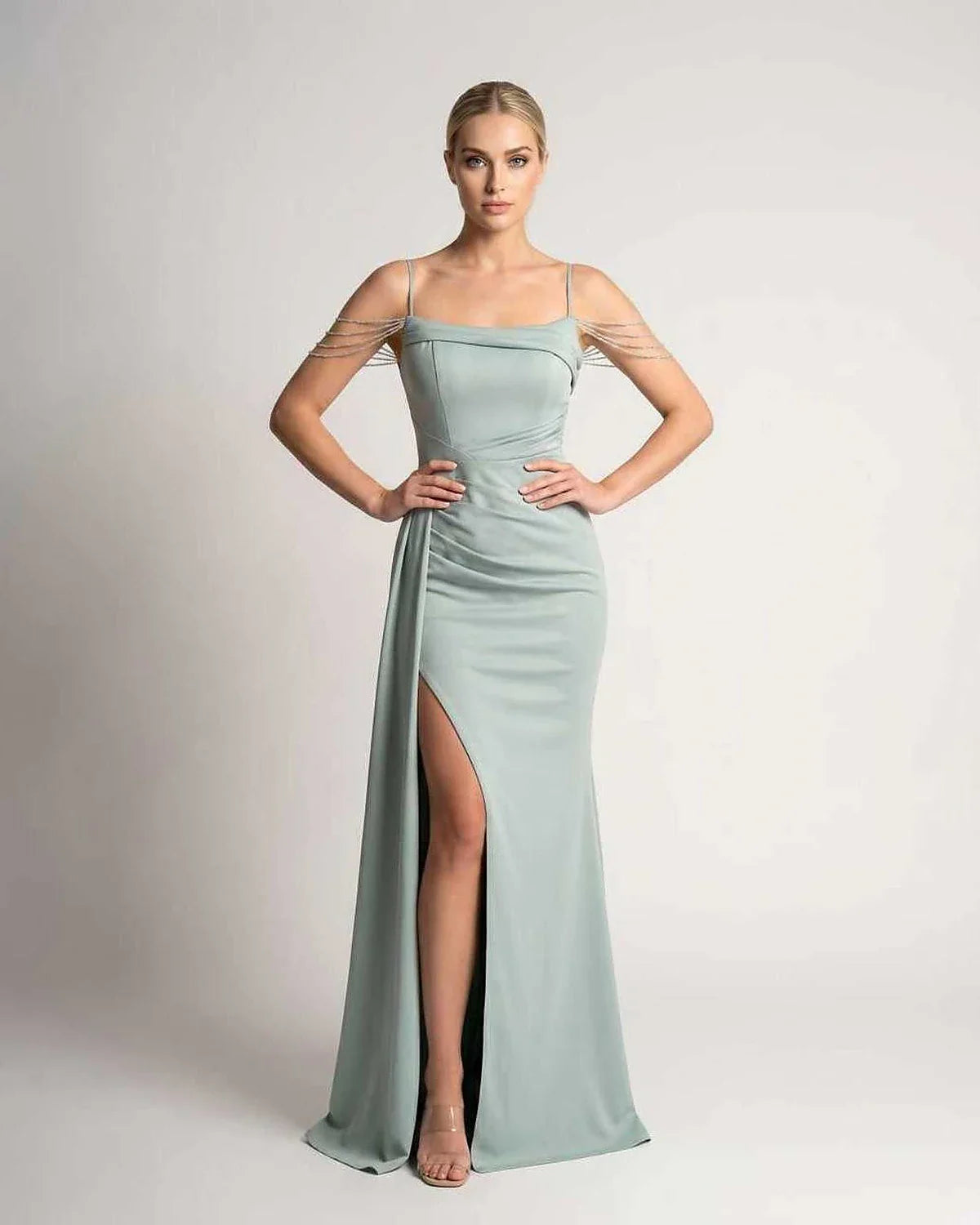 Green,white,blue,pink,black,navy,yellow,beige Mermaid V-Neck Sleeveless Maxi Dress | Formal Occasions & Celebrations, front v