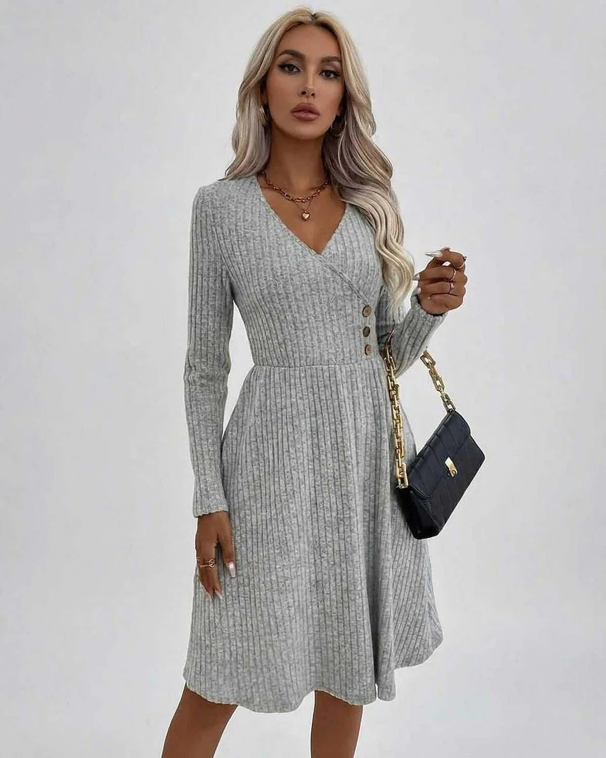 Grey A-line V-Neck Long Sleeve Midi Dress | Prom & Casual Wear, front view | Ramblion | SKU: FMD-582947163-grey-L-3415,FMD-582947163-grey-M-7248,FMD-582947163-grey-S-9181,FMD-582947163-grey-XL-4138,FMD-582947163-grey-XS-9058