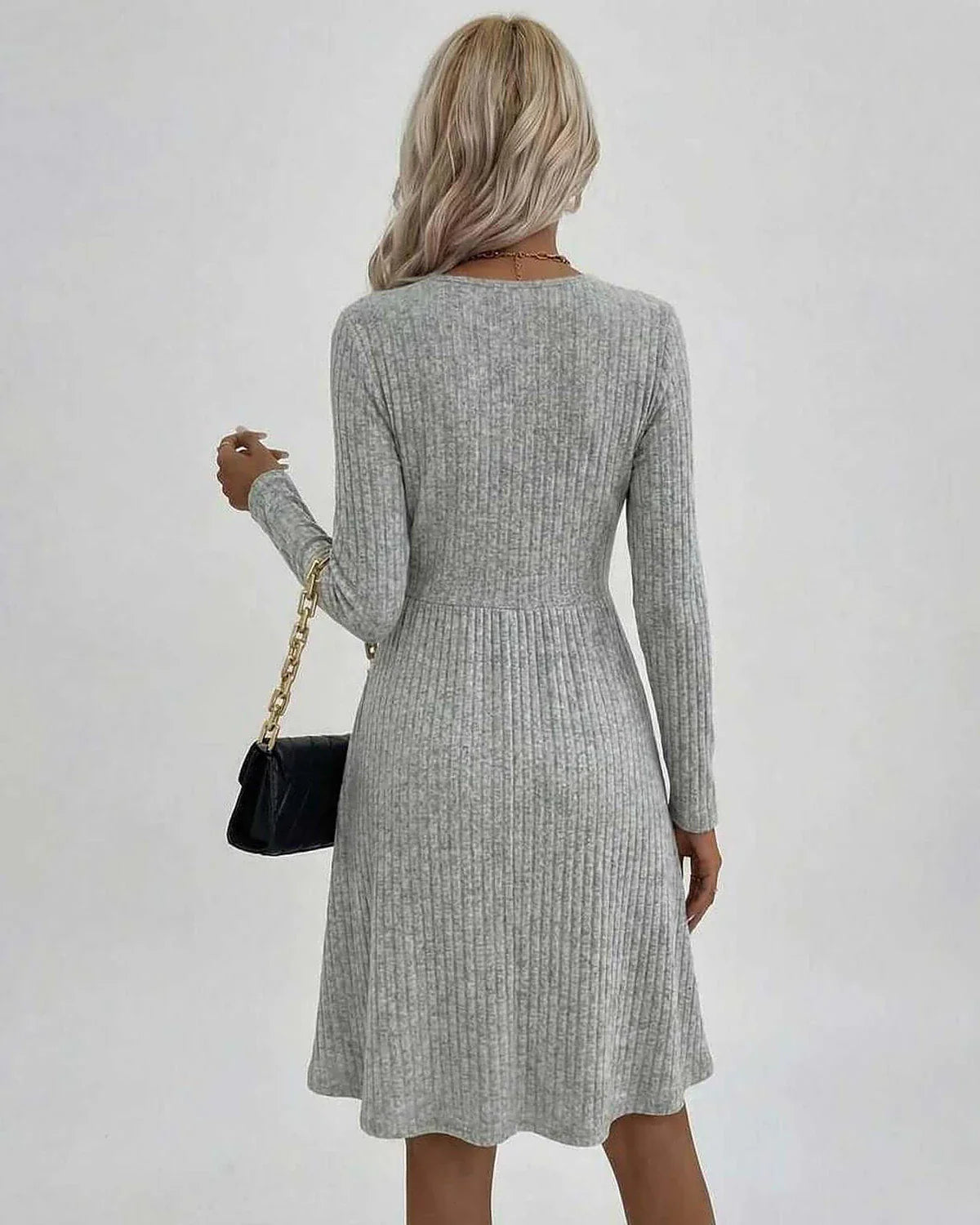 Grey A-line V-Neck Long Sleeve Midi Dress | Prom & Casual Wear, back view | Ramblion | SKU: FMD-582947163-grey-L-3415,FMD-582947163-grey-M-7248,FMD-582947163-grey-S-9181,FMD-582947163-grey-XL-4138,FMD-582947163-grey-XS-9058