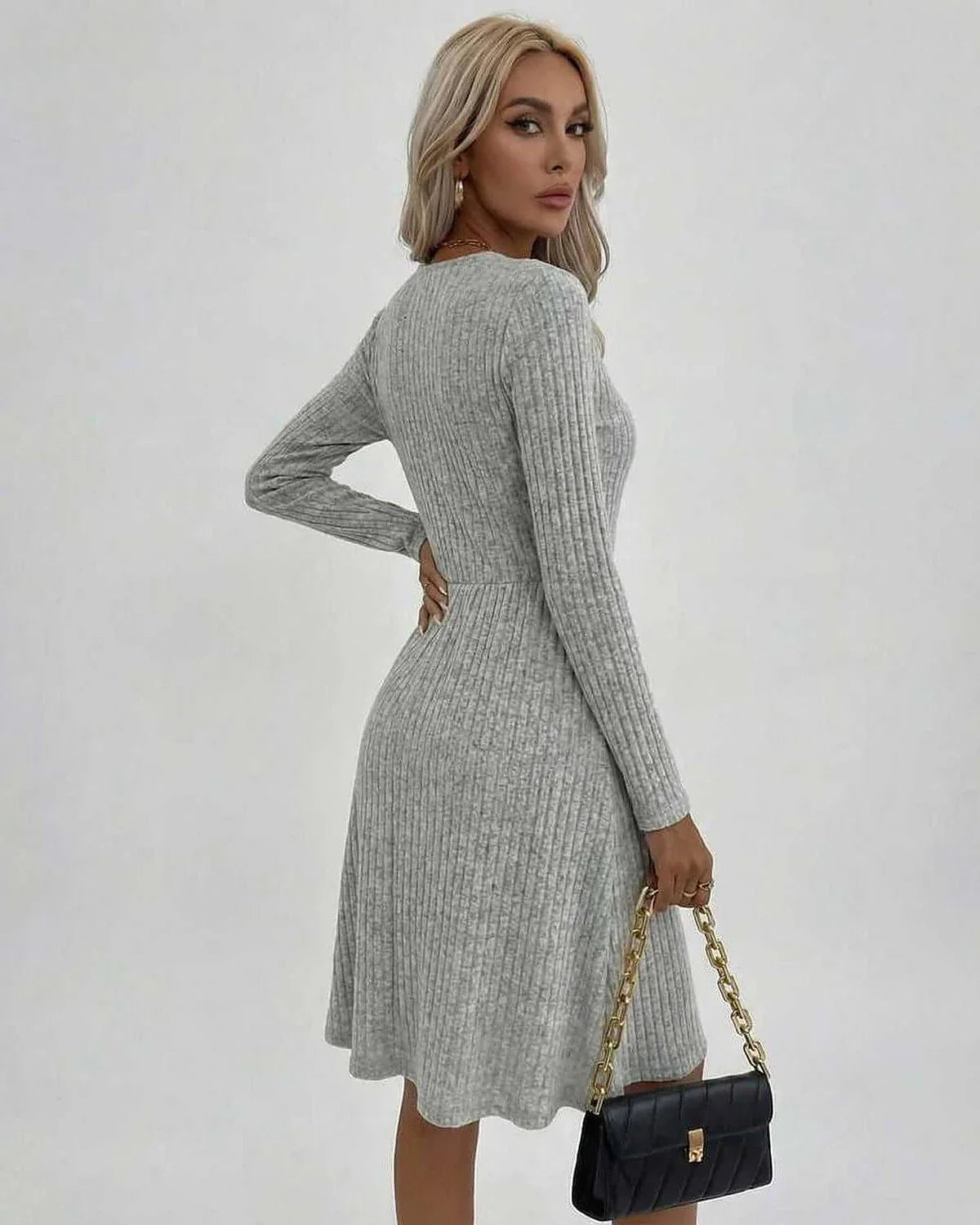 Grey A-line V-Neck Long Sleeve Midi Dress | Prom & Casual Wear, back view | Ramblion | SKU: FMD-582947163-grey-L-3415,FMD-582947163-grey-M-7248,FMD-582947163-grey-S-9181,FMD-582947163-grey-XL-4138,FMD-582947163-grey-XS-9058