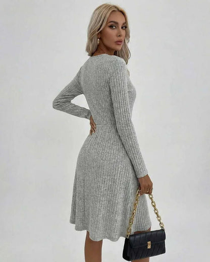 Grey A-line V-Neck Long Sleeve Midi Dress | Prom & Casual Wear, back view | Ramblion | SKU: FMD-582947163-grey-L-3415,FMD-582947163-grey-M-7248,FMD-582947163-grey-S-9181,FMD-582947163-grey-XL-4138,FMD-582947163-grey-XS-9058