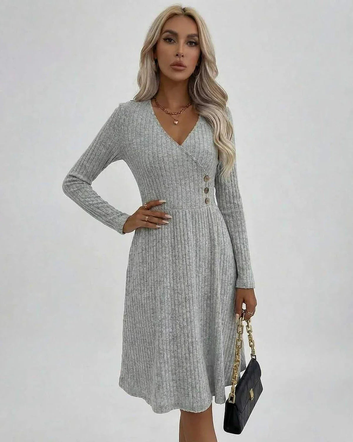 Grey A-line V-Neck Long Sleeve Midi Dress | Prom & Casual Wear, front view | Ramblion | SKU: FMD-582947163-grey-L-3415,FMD-582947163-grey-M-7248,FMD-582947163-grey-S-9181,FMD-582947163-grey-XL-4138,FMD-582947163-grey-XS-9058