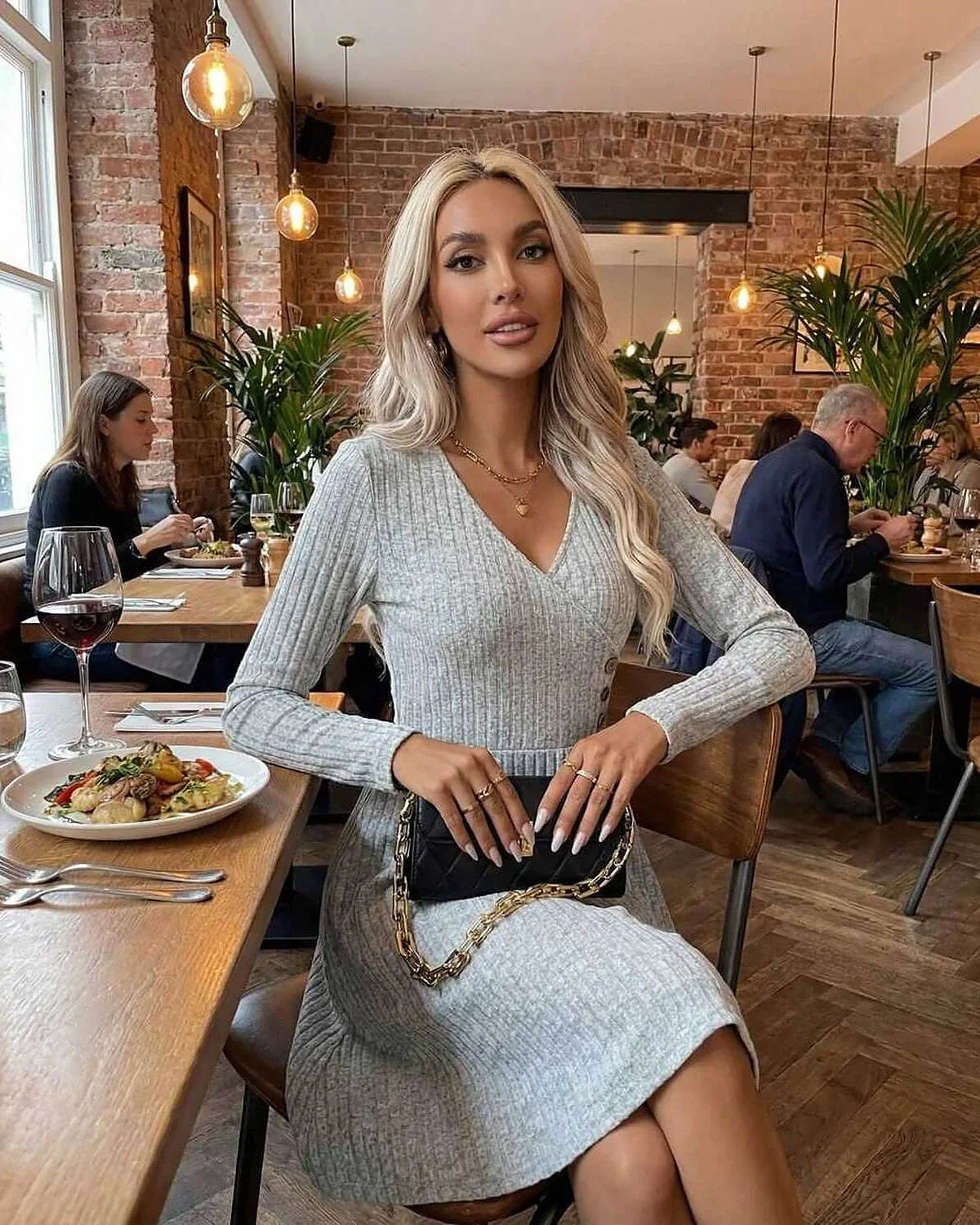 Grey A-line V-Neck Long Sleeve Midi Dress | Prom & Casual Wear, lifestyle shot | Ramblion | SKU: FMD-582947163-grey-L-3415,FMD-582947163-grey-M-7248,FMD-582947163-grey-S-9181,FMD-582947163-grey-XL-4138,FMD-582947163-grey-XS-9058
