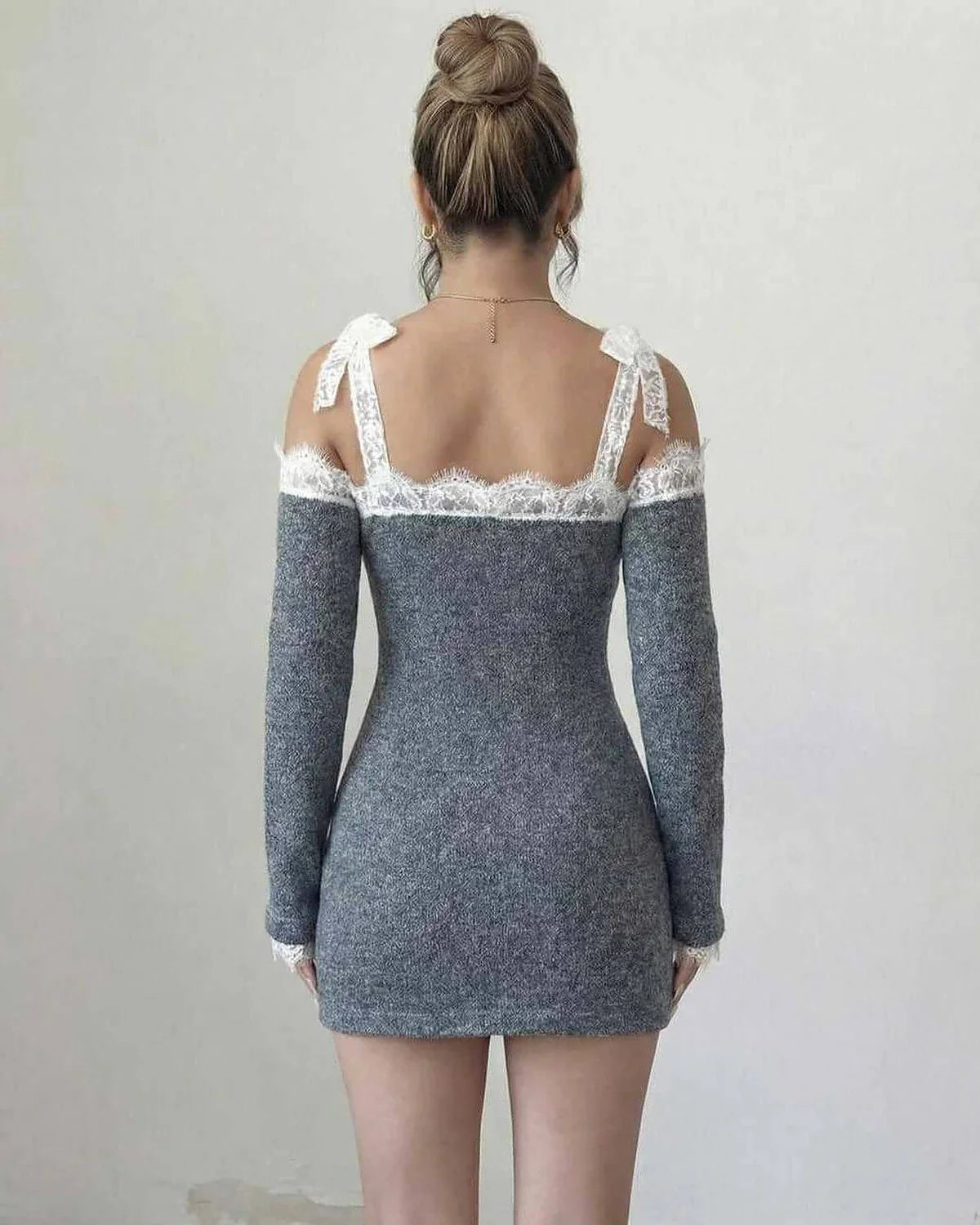 Grey Bodycon Round Neck Long Sleeve Mini Dress | Gala Nights & Night Out, back view | Ramblion | SKU: CMD-48291-grey-L-6595,CMD-48291-grey-M-9340,CMD-48291-grey-S-4305,CMD-48291-grey-XL-2827,CMD-48291-grey-XS-8898