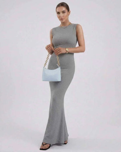 Grey Satin Gown Round Neck Sleeveless Maxi Dress | Black-Tie Events & Casual Outings, front view | Ramblion | SKU: LMD-479283715-grey-L-8796,LMD-479283715-grey-M-9248,LMD-479283715-grey-S-7075,LMD-479283715-grey-XL-1446,LMD-479283715-grey-XS-9374