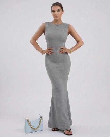 Grey Satin Gown Round Neck Sleeveless Maxi Dress | Black-Tie Events & Casual Outings, front view | Ramblion | SKU: LMD-479283715-grey-L-8796,LMD-479283715-grey-M-9248,LMD-479283715-grey-S-7075,LMD-479283715-grey-XL-1446,LMD-479283715-grey-XS-9374