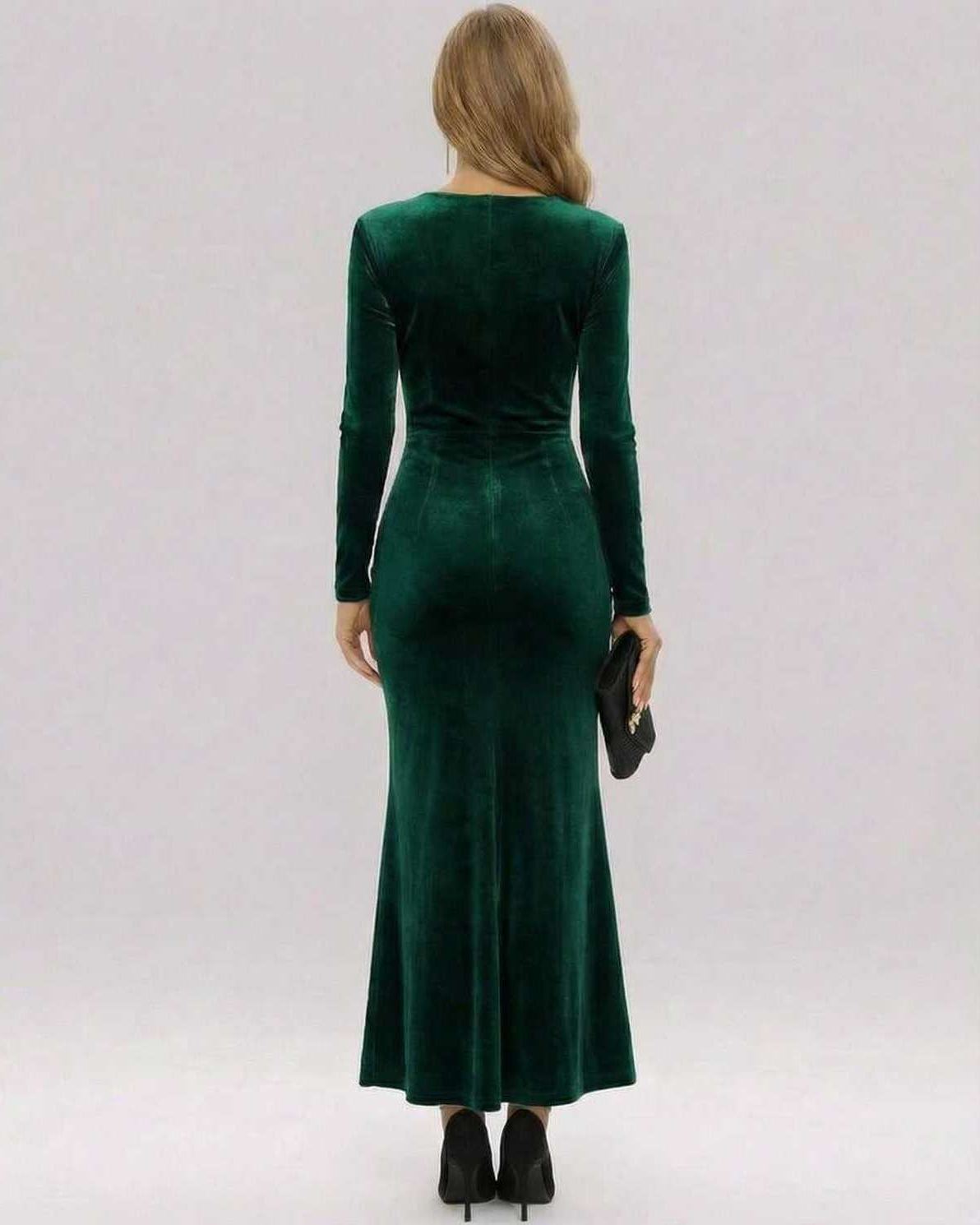 Grosgrain Maxi Dress in emerald green velvet, ankle-length, elegant for formal occasions, by RAMBLION.