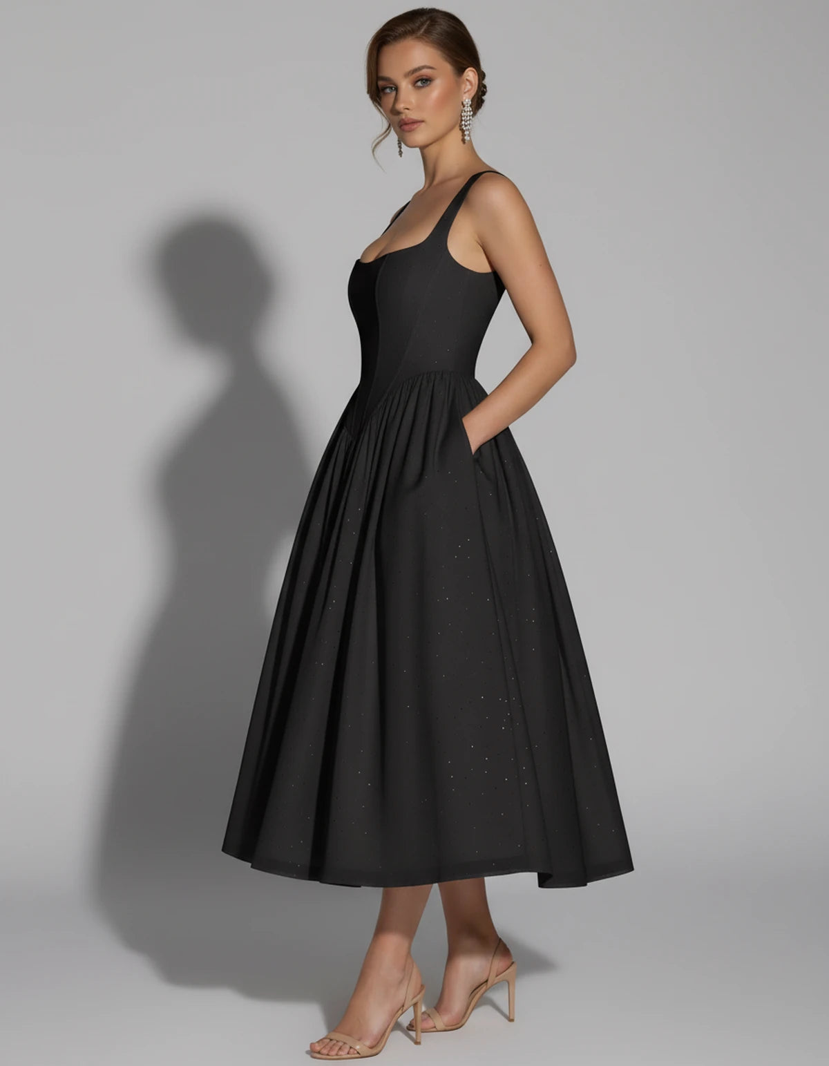 Hadriana Midi Dresses — Black | SKU: RB-cffdb1-black-2,RB-cffdb1-black-4,RB-cffdb1-black-6,RB-cffdb1-black-8,RB-cffdb1-black-10,RB-cffdb1-black-12,RB-cffdb1-black-14,RB-cffdb1-black-16,RB-cffdb1-black-16W,RB-cffdb1-black-18W,RB-cffdb1-black-20W,RB-cffdb1-black-22W
