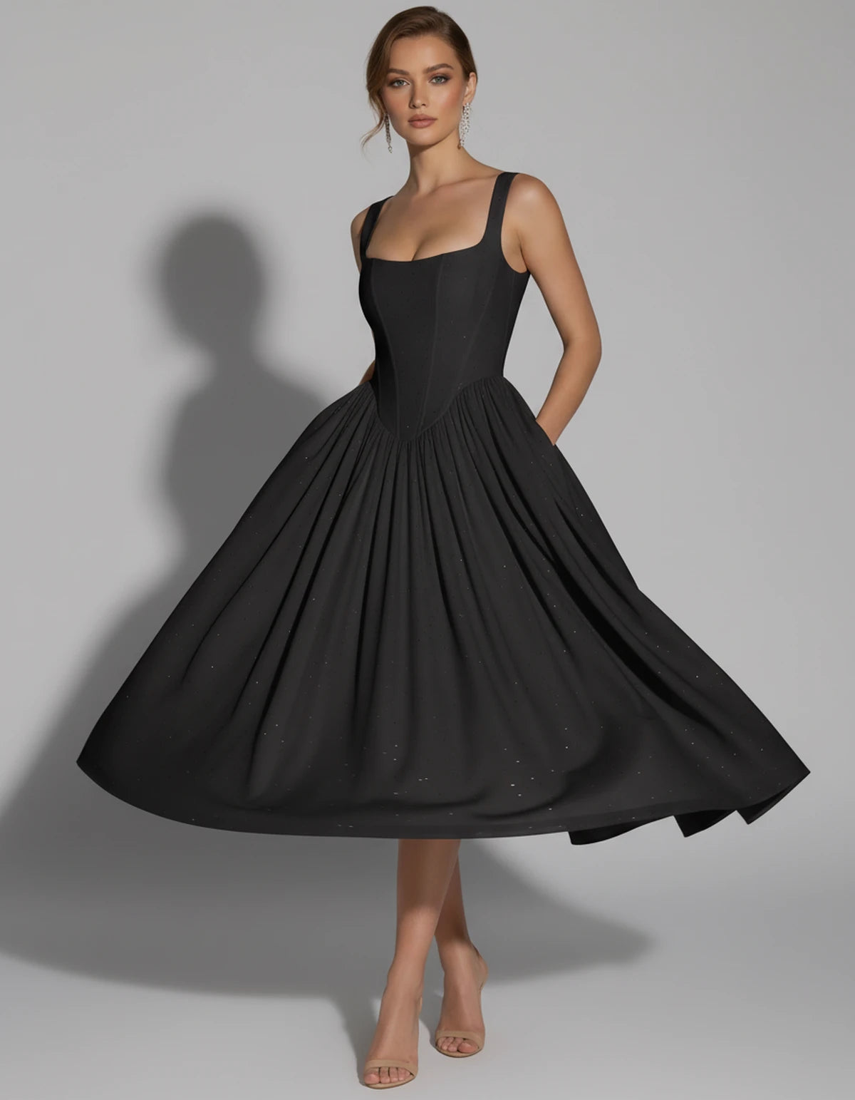 Hadriana Midi Dresses — Black | SKU: RB-cffdb1-black-2,RB-cffdb1-black-4,RB-cffdb1-black-6,RB-cffdb1-black-8,RB-cffdb1-black-10,RB-cffdb1-black-12,RB-cffdb1-black-14,RB-cffdb1-black-16,RB-cffdb1-black-16W,RB-cffdb1-black-18W,RB-cffdb1-black-20W,RB-cffdb1-black-22W