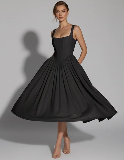 Hadriana Midi Dresses — Black | SKU: RB-cffdb1-black-2,RB-cffdb1-black-4,RB-cffdb1-black-6,RB-cffdb1-black-8,RB-cffdb1-black-10,RB-cffdb1-black-12,RB-cffdb1-black-14,RB-cffdb1-black-16,RB-cffdb1-black-16W,RB-cffdb1-black-18W,RB-cffdb1-black-20W,RB-cffdb1-black-22W