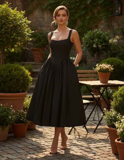 Hadriana Midi Dresses — Black | SKU: RB-cffdb1-black-2,RB-cffdb1-black-4,RB-cffdb1-black-6,RB-cffdb1-black-8,RB-cffdb1-black-10,RB-cffdb1-black-12,RB-cffdb1-black-14,RB-cffdb1-black-16,RB-cffdb1-black-16W,RB-cffdb1-black-18W,RB-cffdb1-black-20W,RB-cffdb1-black-22W
