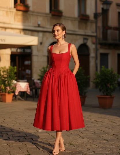 Hadriana Midi Dresses — Red | SKU: RB-cffdb1-red-2,RB-cffdb1-red-4,RB-cffdb1-red-6,RB-cffdb1-red-8,RB-cffdb1-red-10,RB-cffdb1-red-12,RB-cffdb1-red-14,RB-cffdb1-red-16,RB-cffdb1-red-16W,RB-cffdb1-red-18W,RB-cffdb1-red-20W,RB-cffdb1-red-22W