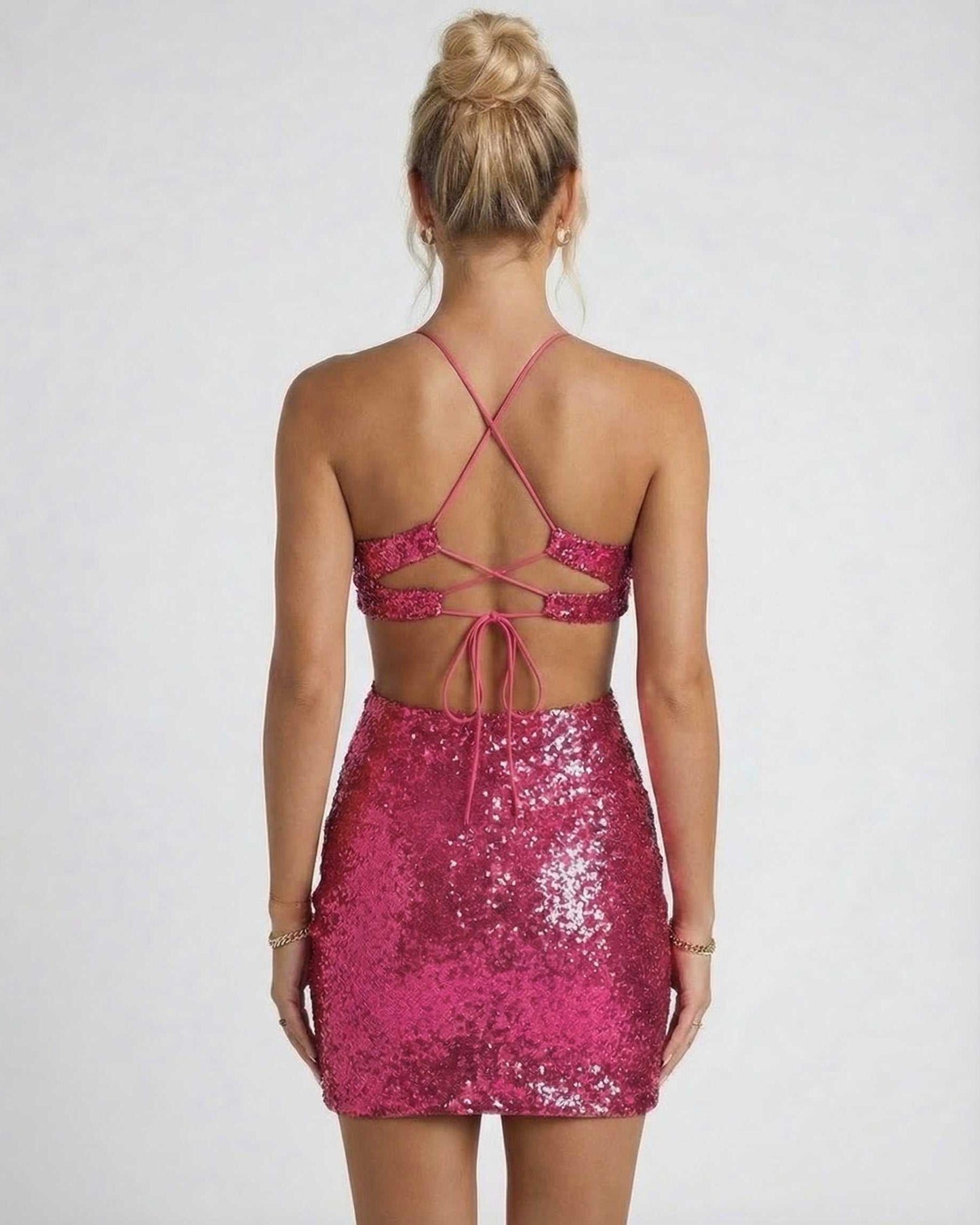 Hara Mini Dress by RAMBLION, pink sequin back design, perfect for parties, showcasing elegance and style.