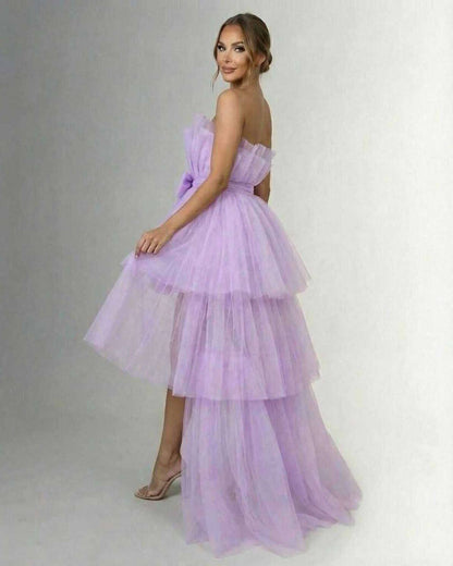 Haze Maxi Dress, purple strapless ankle-length dress in layered tulle by RAMBLION, perfect for special occasions.
